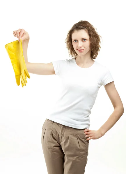 Mujer sosteniendo guantes de goma — Foto de Stock