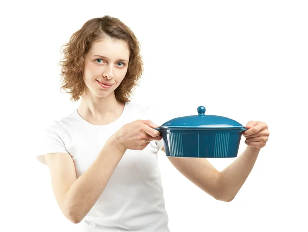 Woman holding saucepan — Stock Photo, Image