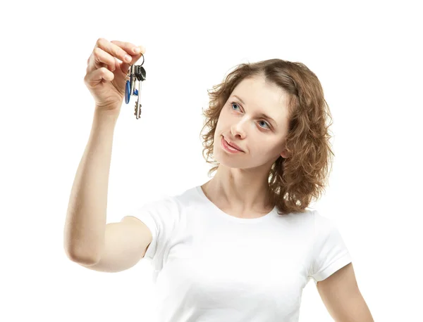 Woman holding keys — Stock Photo, Image