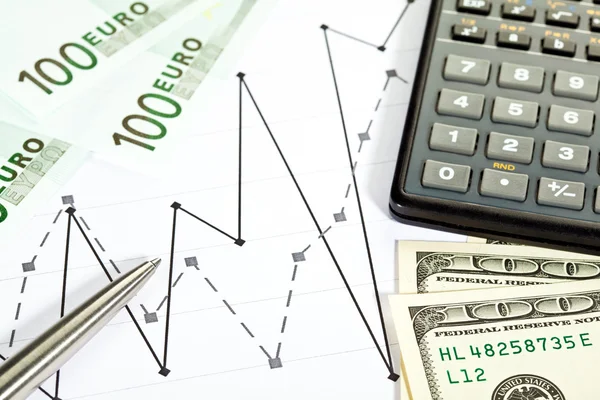 Pengar, diagram, miniräknare och en penna — Stockfoto