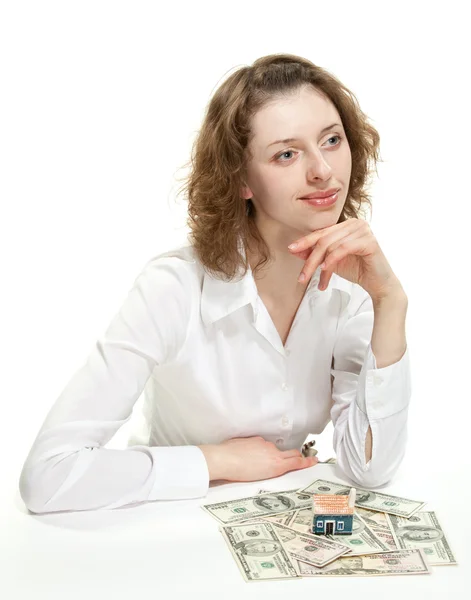 Γυναίκα με σπίτι μοντέλο, Δολάριο τραπεζογραμματίων — Φωτογραφία Αρχείου