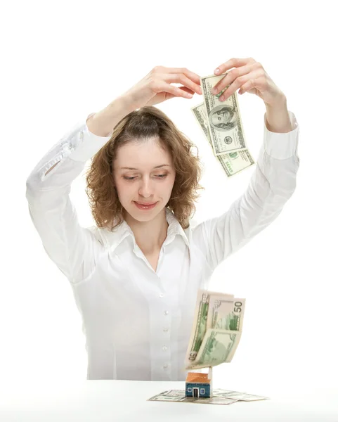 Femme avec billets en dollars — Photo