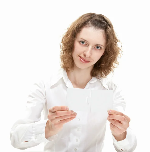 Mulher mostrando quebra-cabeças em branco — Fotografia de Stock