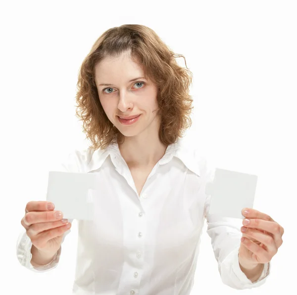 Mujer mostrando rompecabezas en blanco —  Fotos de Stock