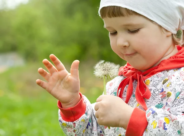 Enfant soufflant le pissenlit — Photo