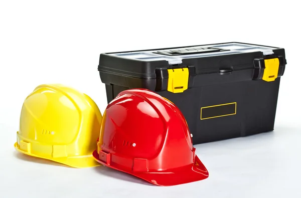 Caja de herramientas y sombreros de construcción —  Fotos de Stock