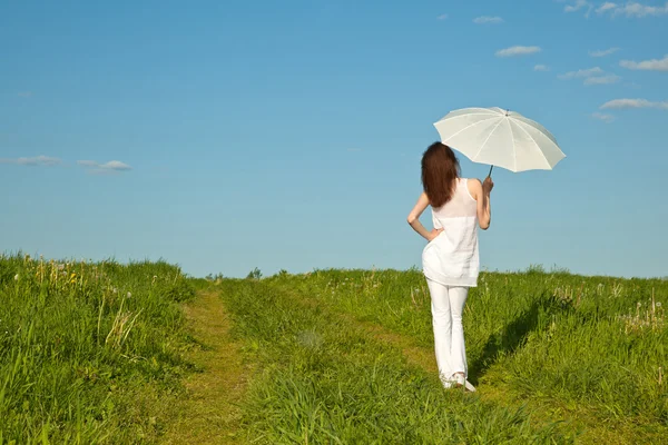 Girl with white umbrella — Stock Photo, Image