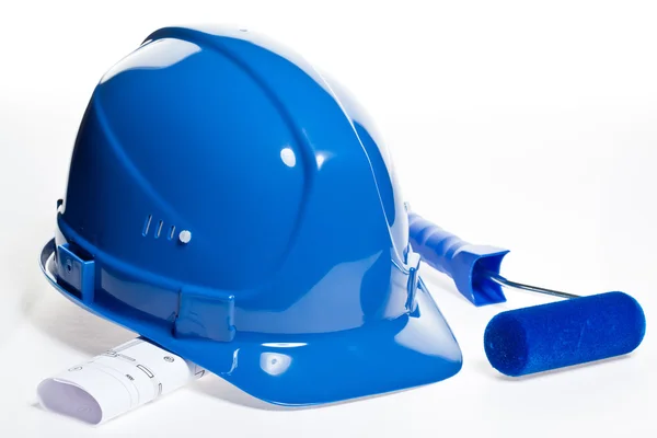 Farbroller, Hardhat und Blaupause — Stockfoto