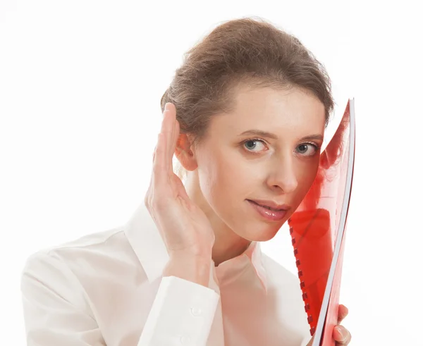 Woman overhearing conversation — Stock Photo, Image