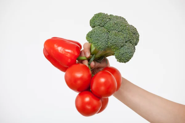 Hand som håller tomater, broccoli och paprika — Stockfoto