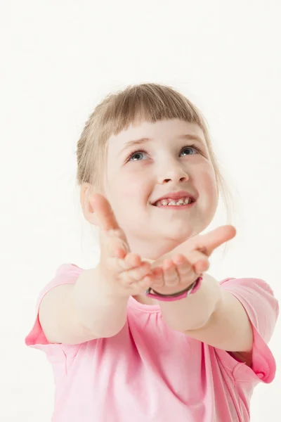 Girl reaching out her palms — Stock Photo, Image