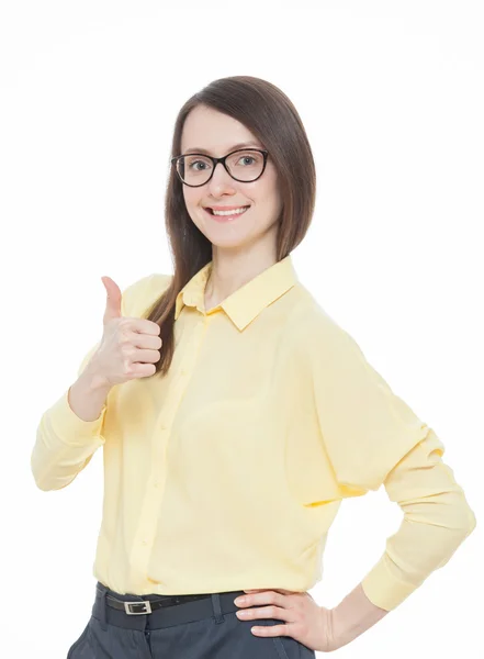 Boldog, fiatal nő, egy hüvelykujj-jel mutatja — Stock Fotó