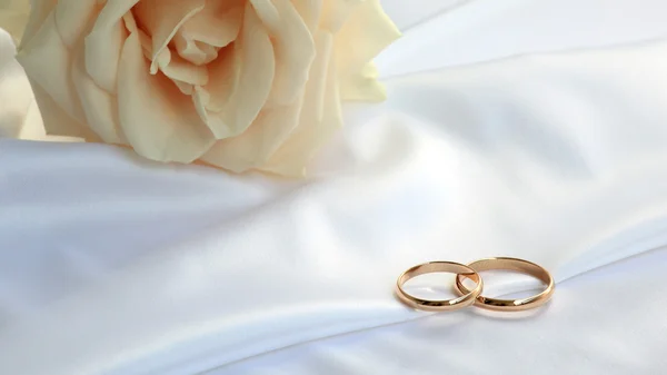 Anillos de boda y rosa de té — Foto de Stock