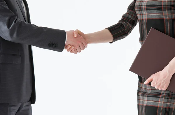 Бизнесмен и деловая женщина пожимают друг другу руки — стоковое фото