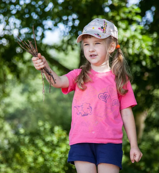 Pretty little girl holding brushwood — Stock Photo, Image