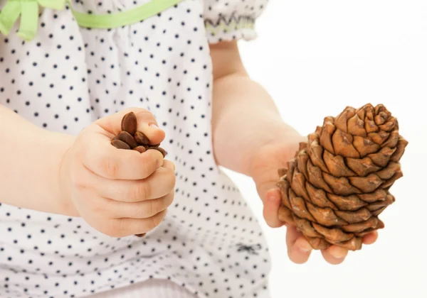 Baby girl with pine cone — Stock Photo, Image