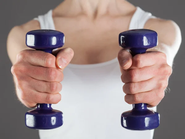 Woman with fitness dumbbells — Stock Photo, Image