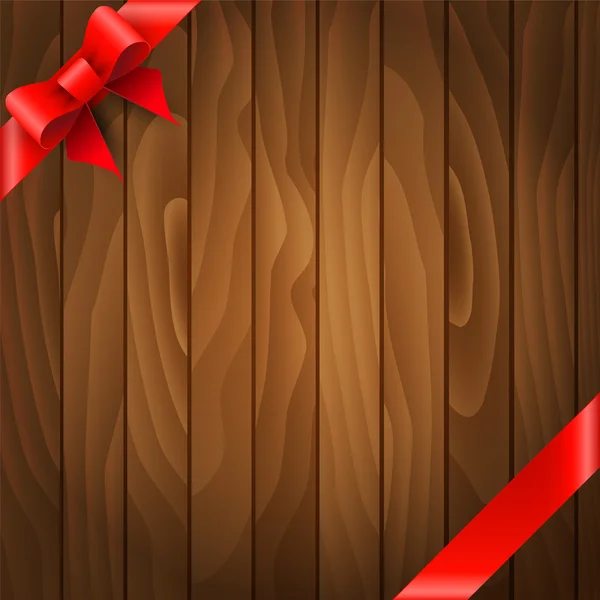 Rood lint en boog over houten achtergrond — Stockvector