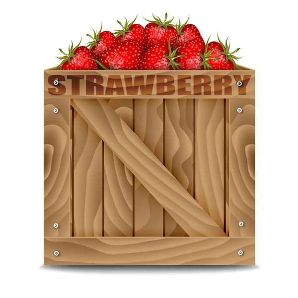 Fresas en caja de madera aisladas en blanco — Vector de stock