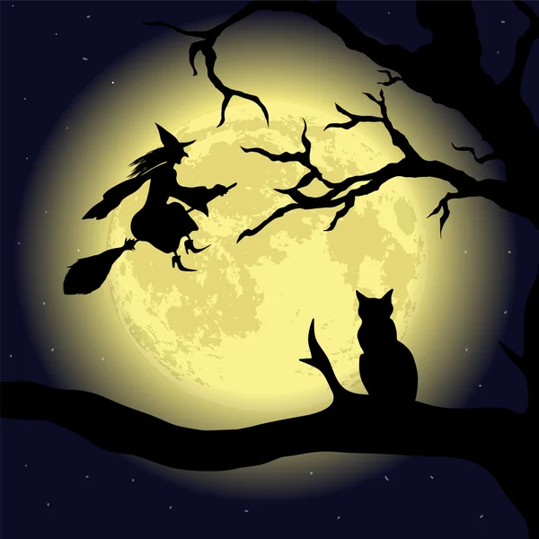 Schwarze Katze auf dem Baum bei Vollmond — Stockvektor