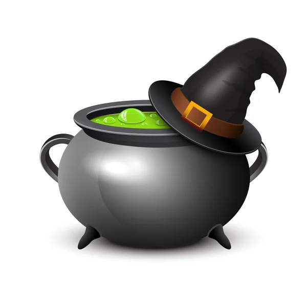 Witch hat, pot of boiling potion on white background — Stock Vector