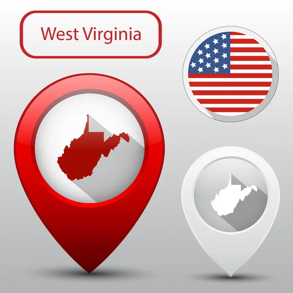 Uppsättning av West Virginia state med flagga Amerika och karta-pekaren — Stock vektor