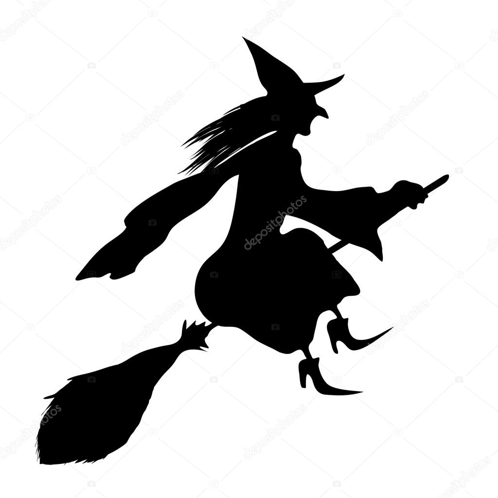 Hexe auf dem Besen. schwarze Silhouette. lizenzfreie