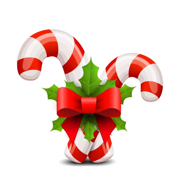 Canne à bonbons de Noël décorée avec un arc et houx — Image vectorielle