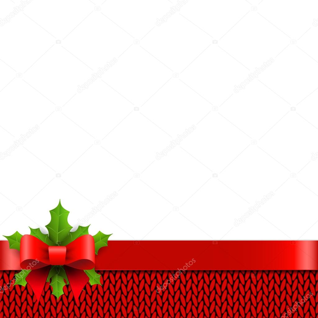 Christmas background with bow and holly berries on red knitted p