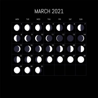Moon phases calendar for 2021 year. March. Night background design. Vector illustration clipart
