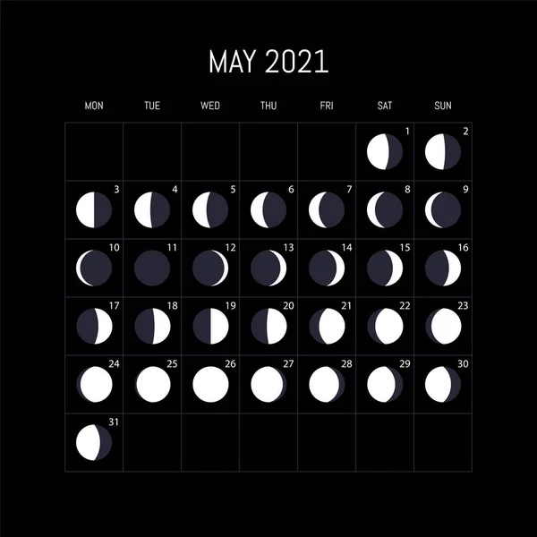 Mondphasen Kalender Für Das Jahr 2021 Mai Nachthintergrundgestaltung Vektorillustration — Stockvektor