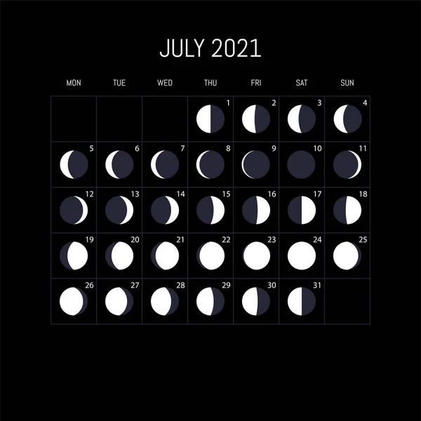 Mondphasen Kalender Für Das Jahr 2021 Juli Nachthintergrundgestaltung Vektorillustration — Stockvektor
