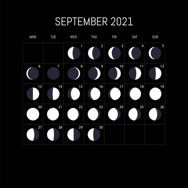 Mondphasen Kalender Für Das Jahr 2021 September Nachthintergrundgestaltung Vektorillustration — Stockvektor