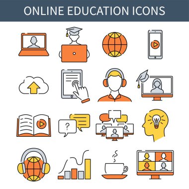 Çevrimiçi eğitim simgeleri seti, web tasarımı için e-öğrenme sembolleri koleksiyonu. Vektör illüstrasyonu