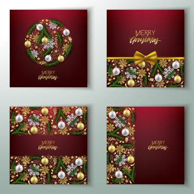 Mutlu Noeller ve Mutlu Yıllar dekoratif afiş, köknar dalları arka plan, vektör illüstrasyon ile baubles Seti