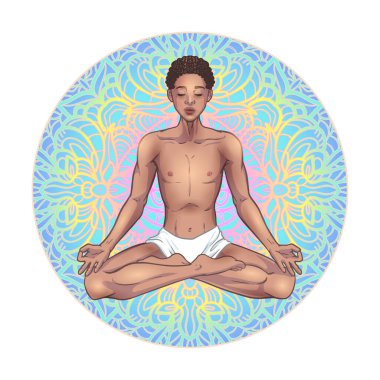 Young meditating yogi man in lotus pose on mandala background. Beautiful black African American boy. Vector illustration