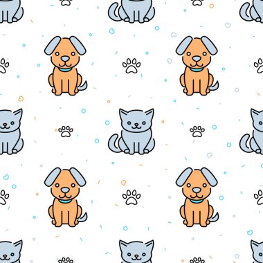 Sevimli kedileri ve köpekleri olan kusursuz bir desen, minimal tasarım. Hayvan barınağı, veteriner bakımı. Duvar kağıtları, kırtasiye, kumaş, paket, web sayfası arkaplanı, vektör illüstrasyonu