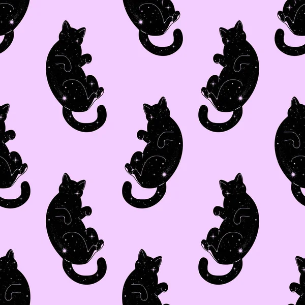 Seamless Pattern Cute Black Space Cats Texture Wallpapers Stationery Fabric — Stock Vector