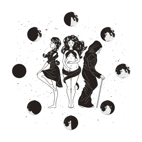 Tres Figuras Femeninas Símbolo Diosa Triple Como Doncella Madre Crona — Vector de stock