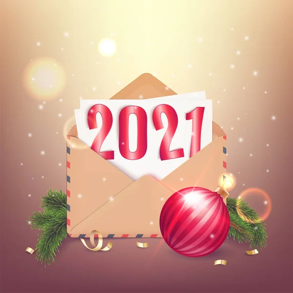 Новым 2021 Годом Открытка Новогодней Елкой Безделушкой Конвертом Векторной Иллюстрацией — стоковый вектор