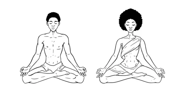 Joven Meditando Hombre Mujer Pose Loto Aislados Sobre Fondo Blanco — Vector de stock