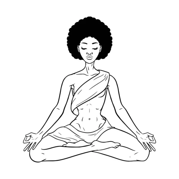 若い瞑想ヨギ女性蓮のポーズで白に隔離された 美しい黒人アフリカ系アメリカ人の少女 ベクターイラスト — ストックベクタ