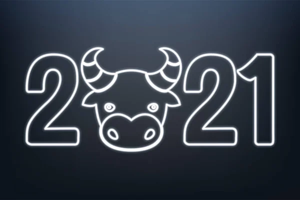 Поздравление Новым 2021 Годом Металлического Быка Серебряный Блестящий Неоновый Символ — стоковый вектор