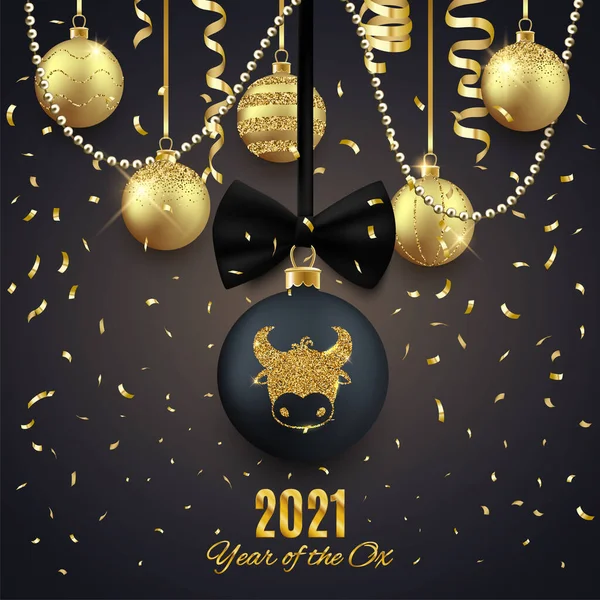 Boldog Kínai 2021 Évet Üdvözlőkártya Dekoratív Baubles Arany Fényes Szimbólum Vektor Grafikák