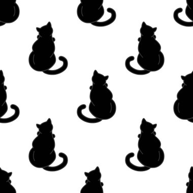Şirin siyah kedilerle kusursuz bir desen. Duvar kağıtları, kırtasiye, kumaş, paket, web sayfası arkaplanı, vektör illüstrasyonu