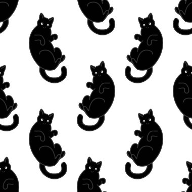 Şirin siyah kedilerle kusursuz bir desen. Duvar kağıtları, kırtasiye, kumaş, paket, web sayfası arkaplanı, vektör illüstrasyonu