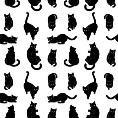 Şirin siyah kedilerle kusursuz bir desen. Duvar kağıtları, kırtasiye, kumaş, paket, web sayfası arkaplanı, vektör illüstrasyonu