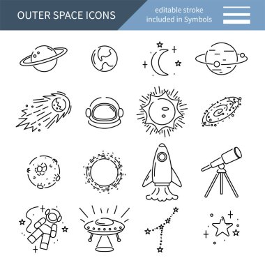 Uzay simgeleri seti, astronomi sembolleri ve gezegenlerin minimalist koleksiyonu, vektör illüstrasyonu