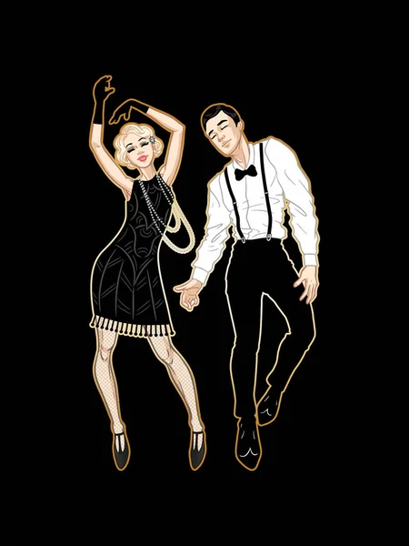 レトロなパーティーカード 男性と女性が1920年代のスタイルのダンス フラッパーの女の子 ヴィンテージスーツのハンサムな男 20代 ベクトルイラスト — ストックベクタ