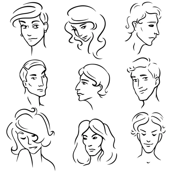 Les gens font face ensemble de croquis — Image vectorielle